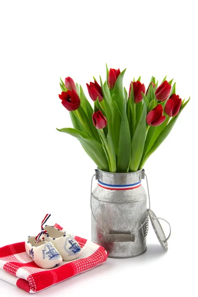 Tulipanes en latas y zapatos de porcelana en el mantel a cuadros rojo aislado en blanco —  Fotos de Stock