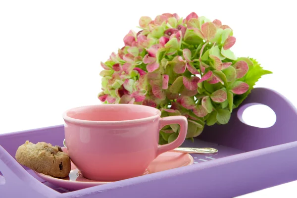 Taza de té rosa en bandeja púrpura — Foto de Stock