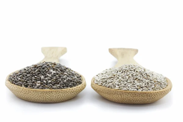 Two spoons with black and white chia seeds isolated — Stock Photo, Image