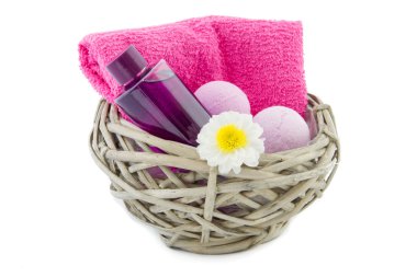 basket with bath foam and bath bombs clipart