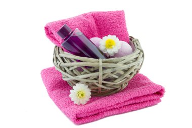 reed basket with bath products clipart
