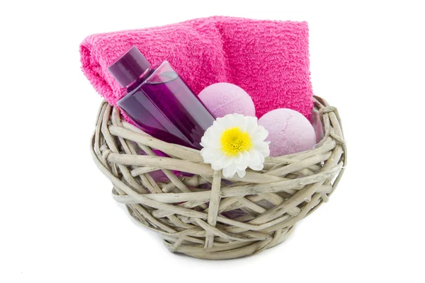 Basket with bath foam and bath bombs — Stock Photo, Image