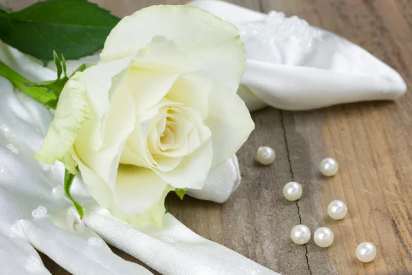 Wedding glove, pearls and white rose — Stock Photo, Image