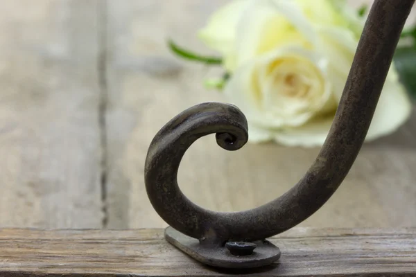 Detail van een smeedijzeren curl en witte roos — Stockfoto