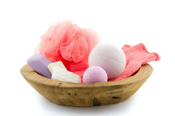 Bath products in a wooden bowl — Stock Photo, Image