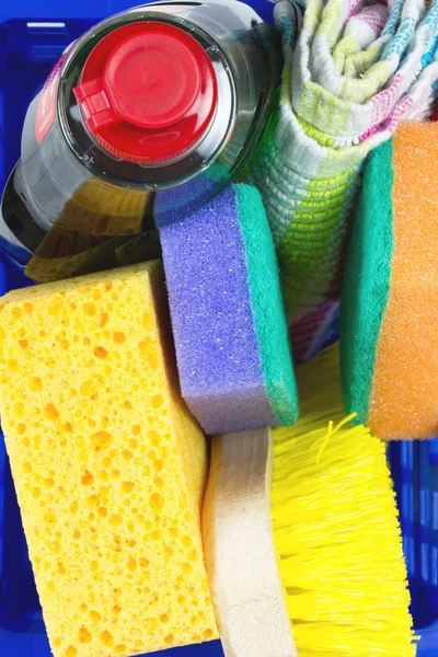 Top-view on crate with cleaning supplies — Stock Photo, Image