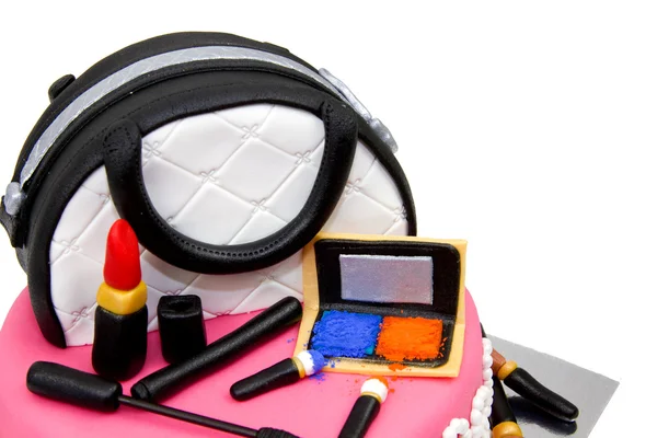 Make-up bag made of cake with accessories — Stock Photo, Image