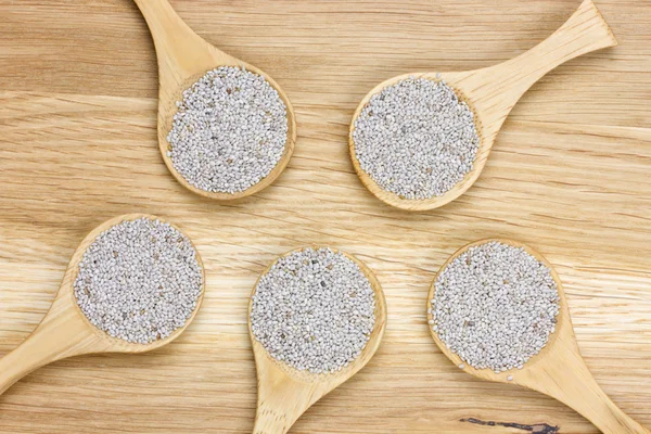 White chia seeds in wooden spoons — Stock Photo, Image