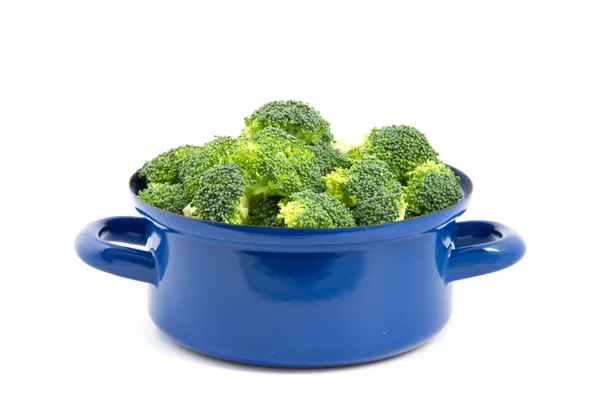 Broccoli in a blue cooking pan — Stock Photo, Image