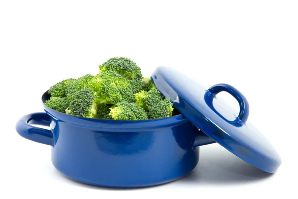 Blue cooking pan with broccoli isolated — Stock Photo, Image