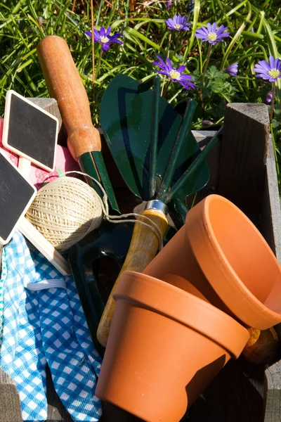 Caixa de madeira com utensílios de jardim no jardim — Fotografia de Stock