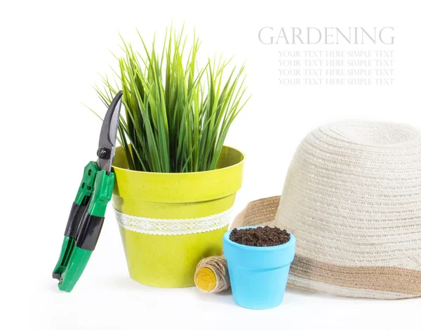 Garden equipment with plant and green plants isolated on white background — Stock Photo, Image