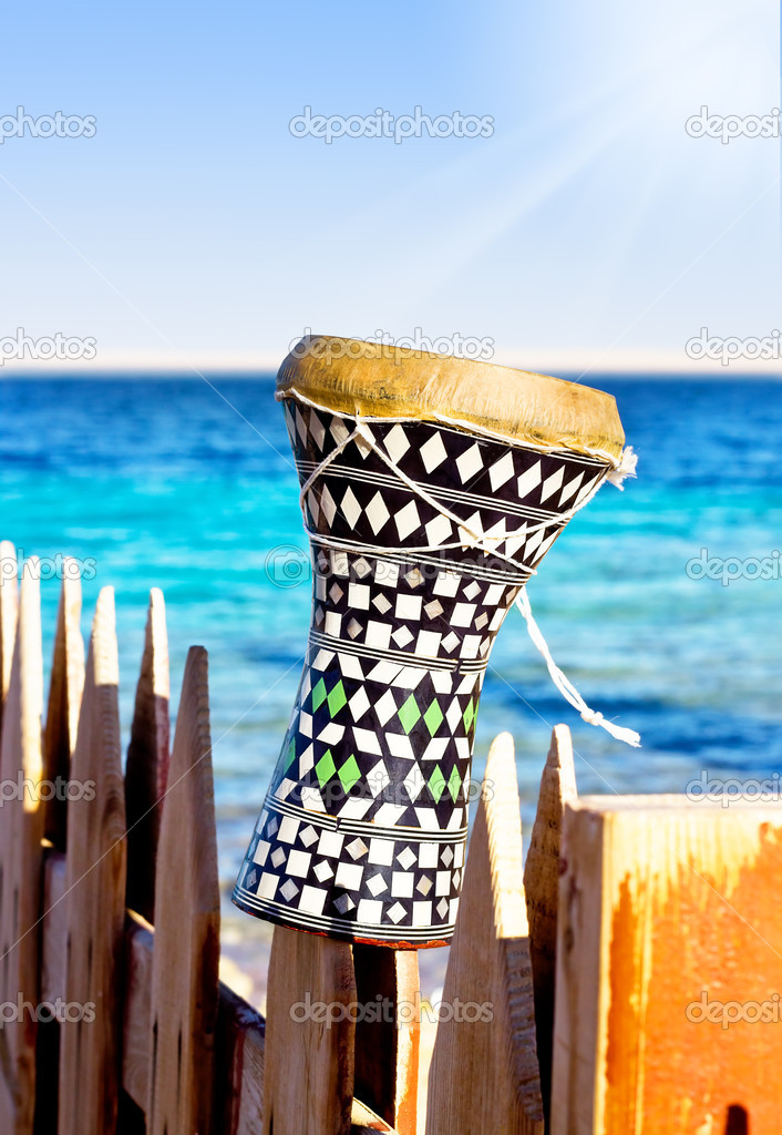 Ethnic drum with a sea background. darbuka. traditional Egyptian