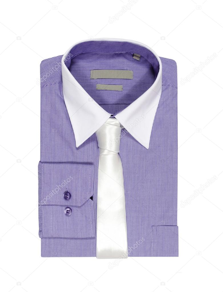 purple shirt folded on white background. white tie and white col