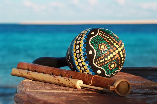 Etnické hudební nástroje s pozadím v moři — Stock fotografie