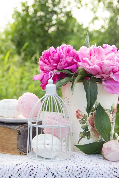 Dolci marshmallow e peonie in fiore all'aperto — Foto Stock