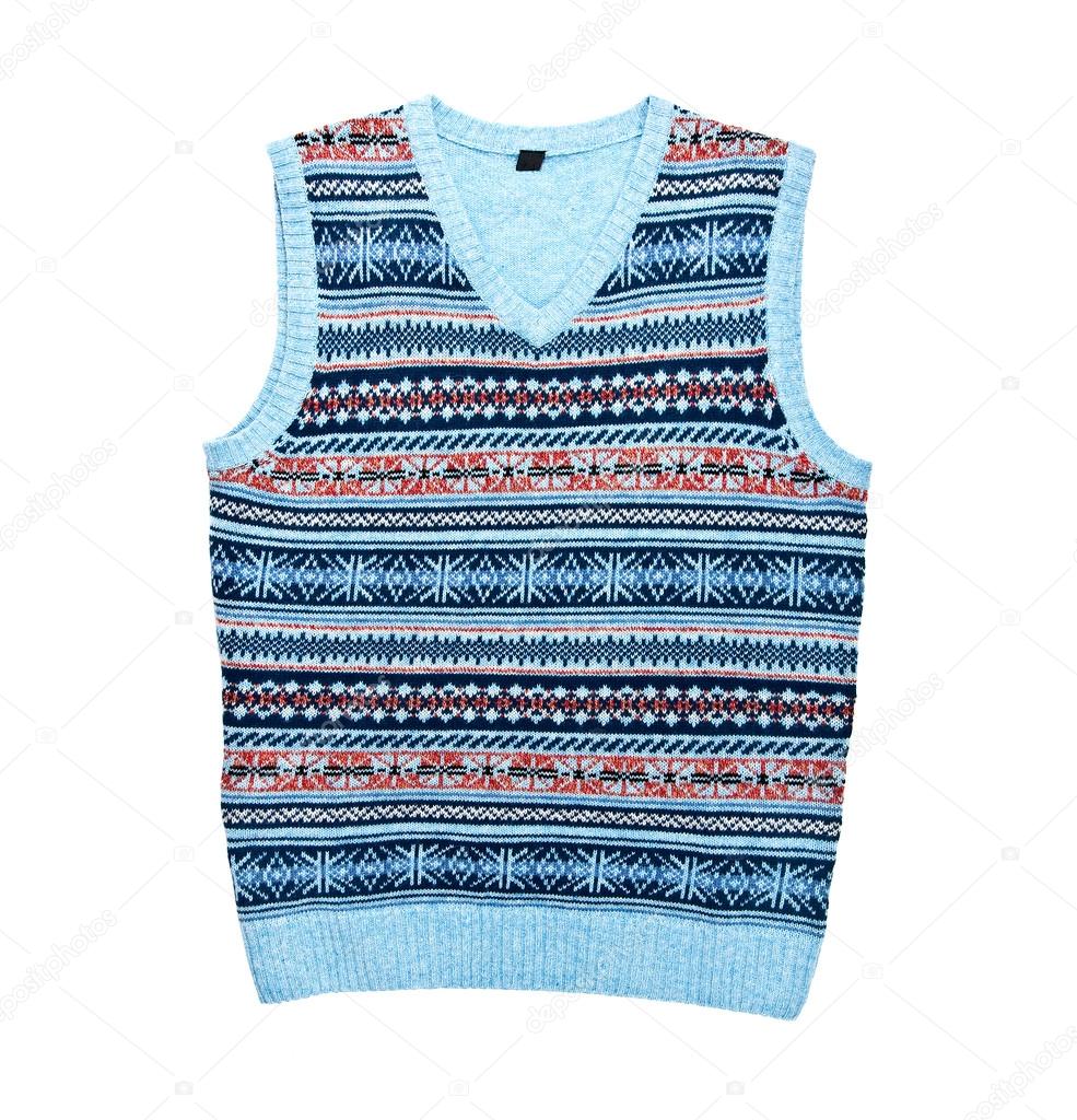 Knitted vest with a Christmas ornament isolated on white backgr