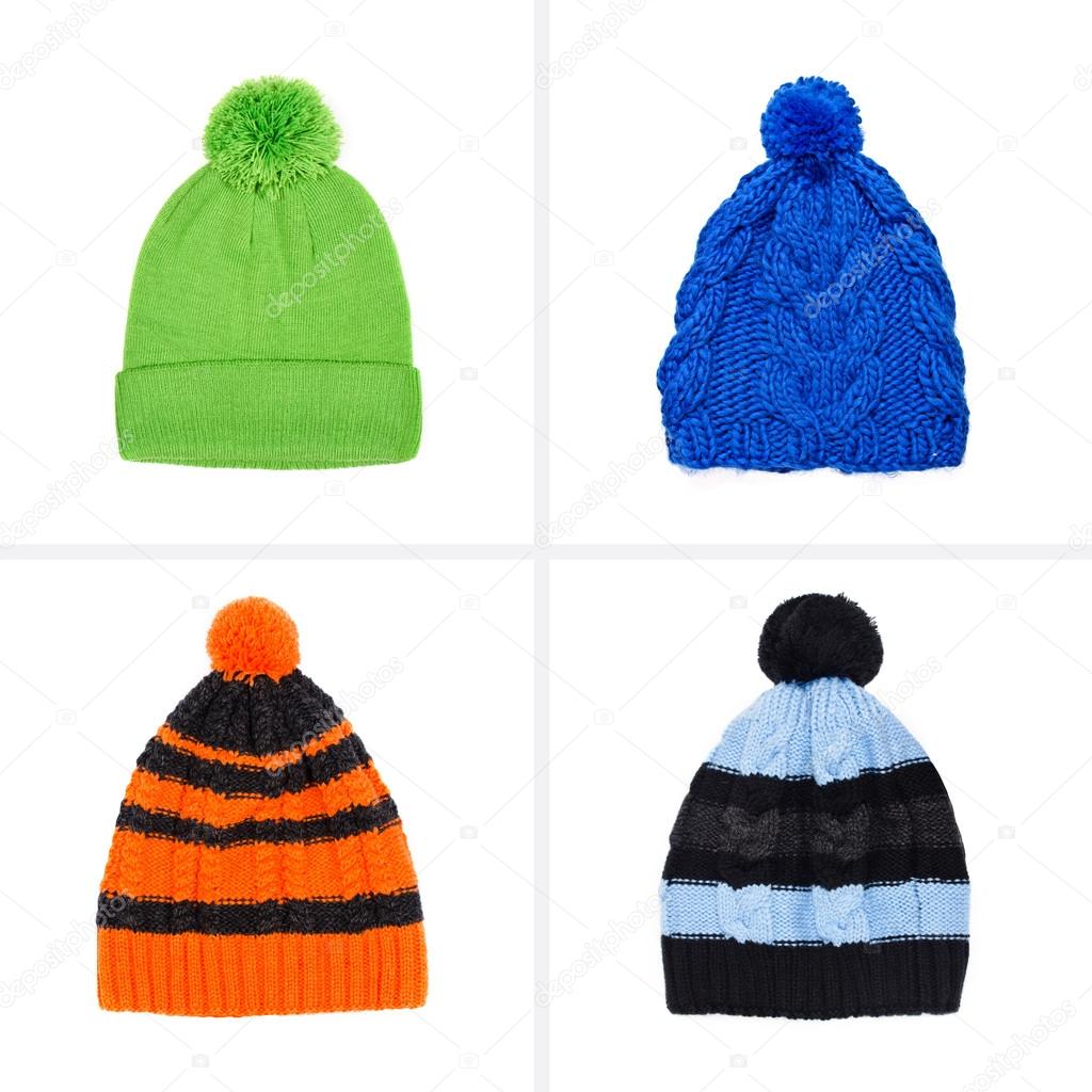 collection of knitted caps isolated on white background