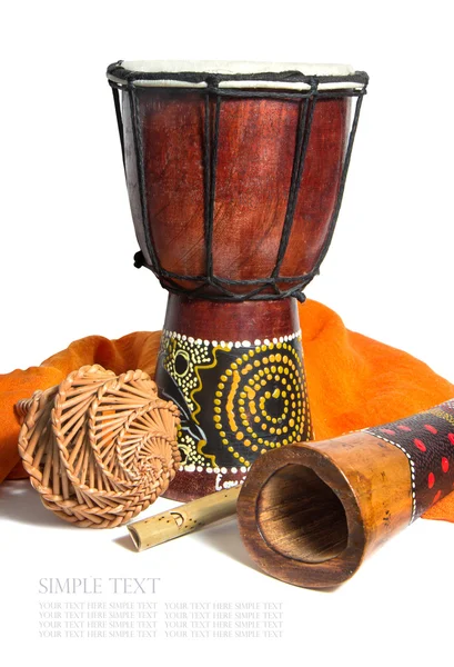 Drum, didgeridoo and ethnic musical instruments isolated on a wh — Stock Photo, Image