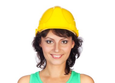 Yeşil gömlekli genç kadın bir modeli ev izole o tutuyor