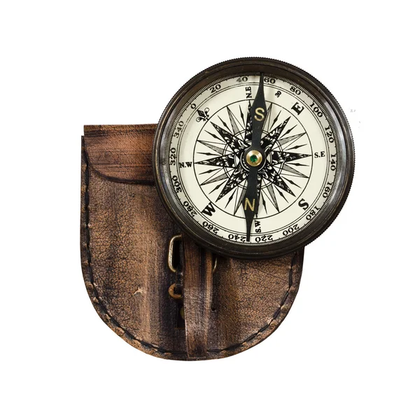 Vintage compass with lid isolated on white background — Stock Photo, Image