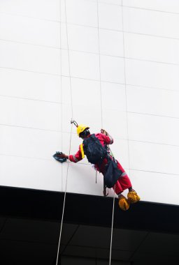 Industrial mountaineering workers wash windows of a high-rise building clipart