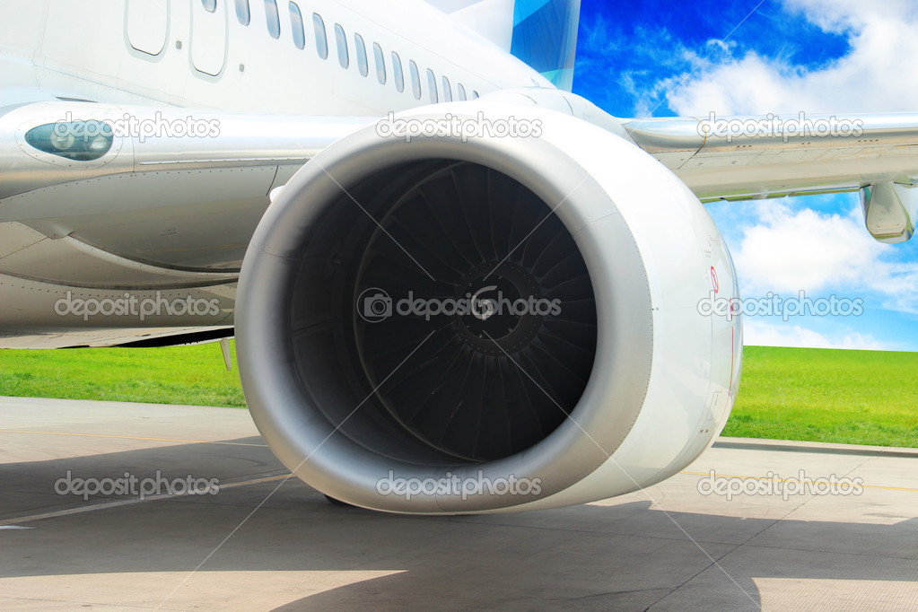 turbine of passenger plane that waiting for departure in airport