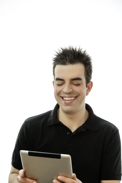 Portret młodego mężczyzny zadowolony z komputera typu tablet — Zdjęcie stockowe