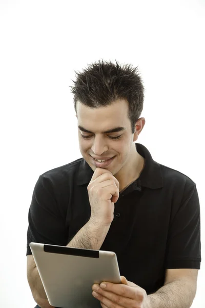 Tablet pc ile mutlu bir genç adam portresi — Stok fotoğraf