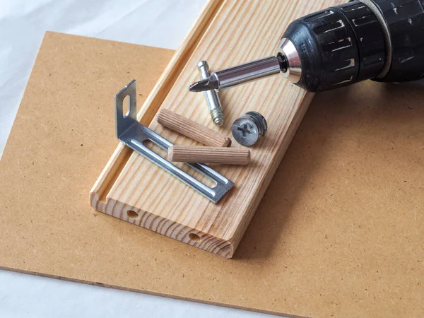 Assembling Wooden Drawer Desk Screwdriver — Stock Photo, Image