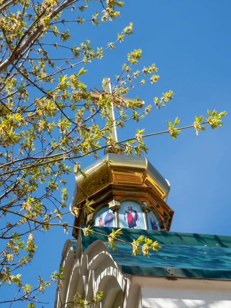 Pravoslavný Křesťanský Kostel Pozadí Modré Oblohy Větví Stromů Mladými Jasně — Stock fotografie
