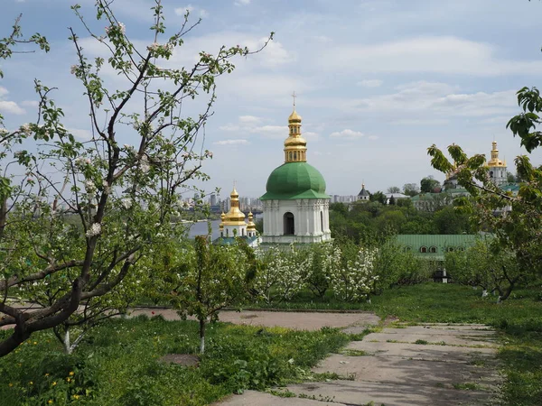 Landscape Overlooking Blooming Young Monastery Garden Churches Bell Tower — Stock Photo, Image