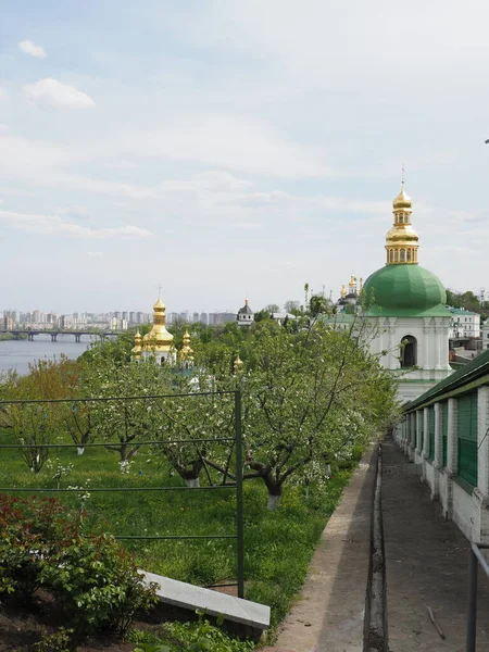 Landscape Overlooking Blooming Young Monastery Garden Churches Bell Tower — Stock Photo, Image