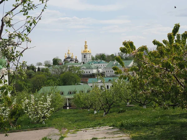 Landscape Overlooking Blooming Young Monastery Garden Churches Bell Tower — Stock Photo, Image
