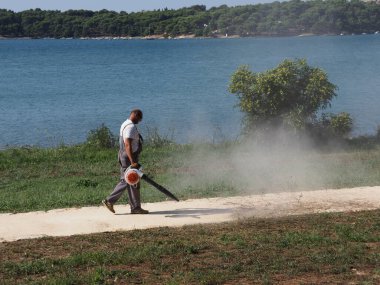 Cleaning up mowed grass on the lawn