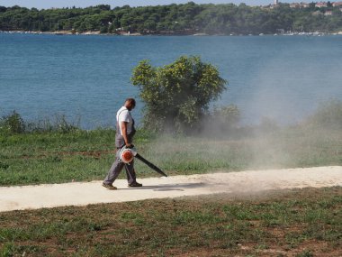 Cleaning up mowed grass on the lawn