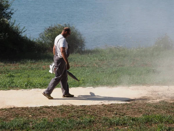 Cleaning up mowed grass on the lawn