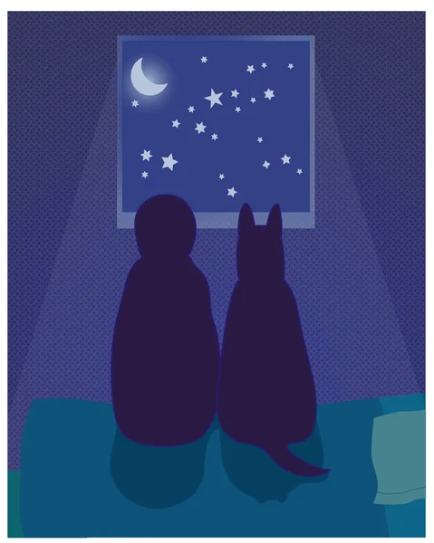 孩子和狗看着夜晚的天空 — 图库矢量图片