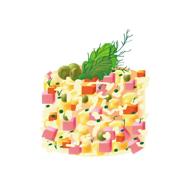 러시아 요리의 마요네즈로 차려입은 올리비 샐러드는 배경에 캐리커처 삽화에 채소와 스톡 벡터