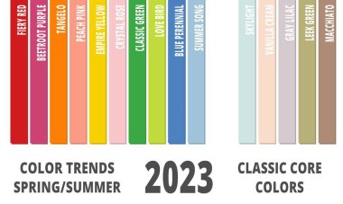 Moda renk trendleri bahar 2023. Renk örnekleri, RGB, HEX renkleri olan moda rehberi. Vektör illüstrasyonu