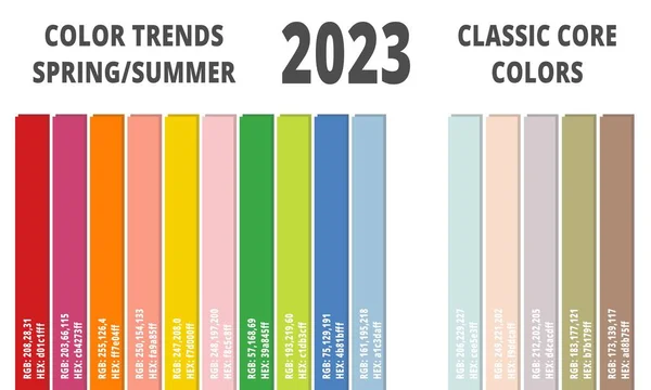 Moda renk trendleri bahar 2023. Renk örnekleri, RGB, HEX renkleri olan moda rehberi. Vektör illüstrasyonu