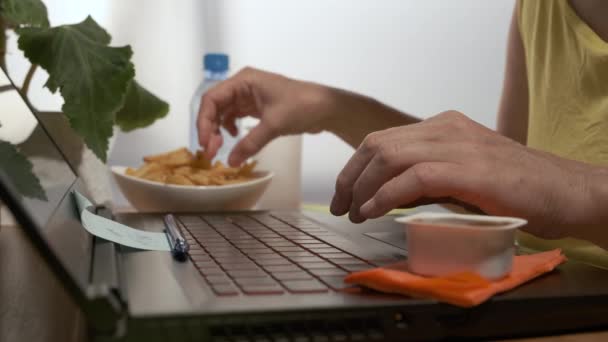 Mâinile Lucrează Tastatura Laptopului Fată Care Lucrează Laptop Cartofi Prăjiți — Videoclip de stoc
