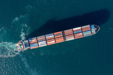 Sea container ship is moving at sea.