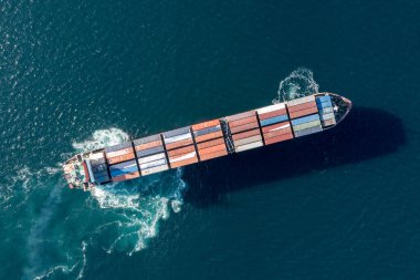 Sea container ship is moving at sea.