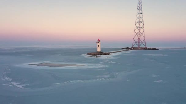 Sea Lighthouse Stone Spit Tokarevskaya Koshka Winter Vladivostok Russia Top — Stock Video