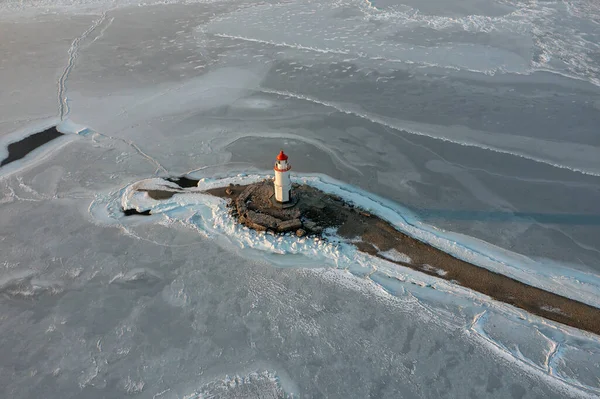 Sea Lighthouse Stone Spit Tokarevskaya Koshka Winter Vladivostok Russia Top — Stock Photo, Image