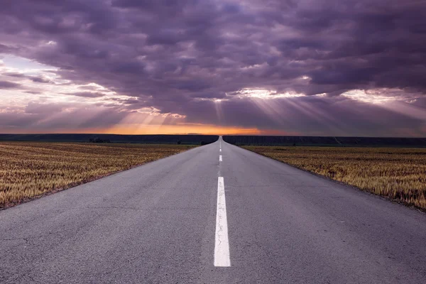 Leere Straße durch landwirtschaftliche Felder — Stockfoto