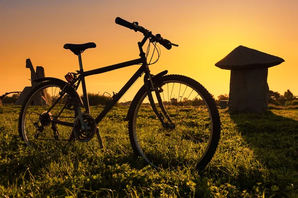 Велосипед на полі трави на заході сонця — стокове фото