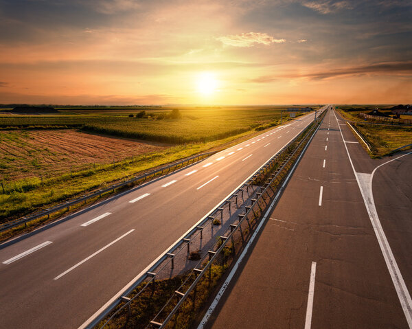 Highway at sunset, near Belgrade in Serbia