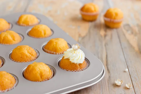 Petits cupcakes dans un plat de cuisson . — Photo